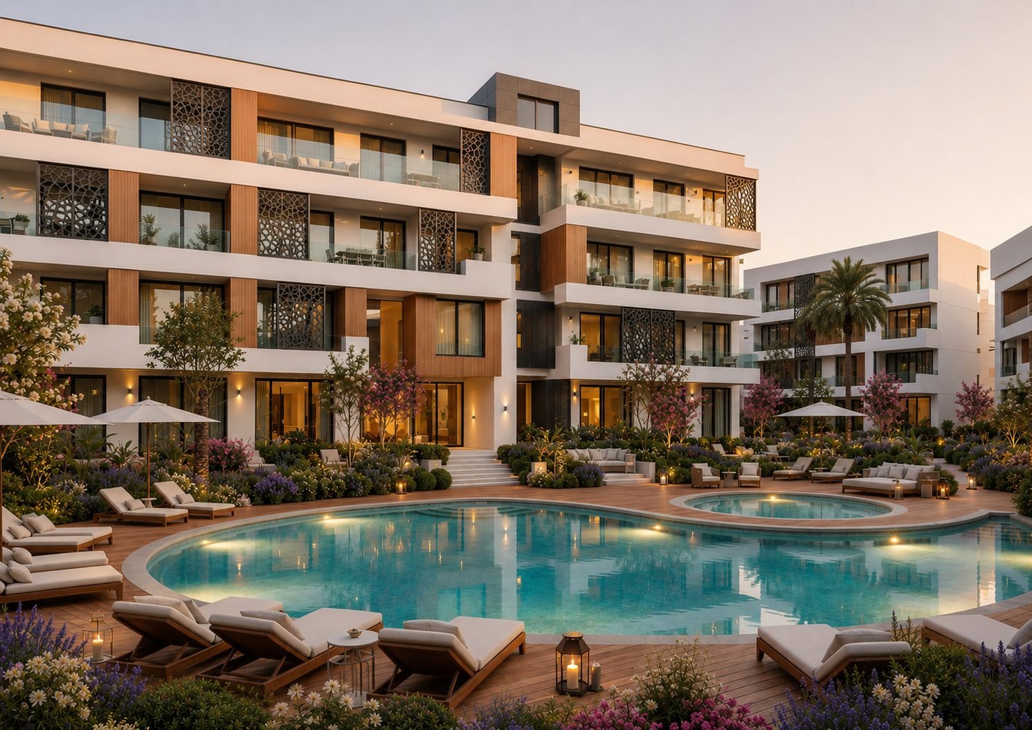 The Pearl Plaza — piscine du patio au crépuscule, Palladium Properties Agadir